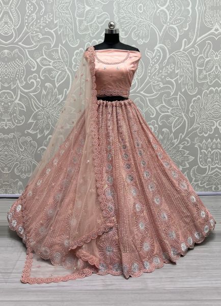 Peach Net Embroidery & Sequins-Work Wedding-Wear Bridal Lehenga Choli