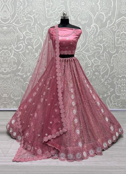 Dark Pink Net Embroidery & Sequins-Work Wedding-Wear Bridal Lehenga Choli