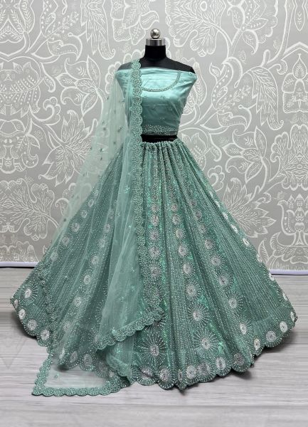 Powder Blue Net Sequins, Embroidery & Stone-Work Wedding-Wear Bridal Lehenga Choli
