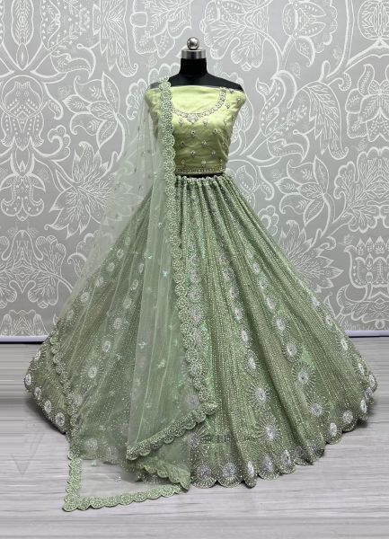 Pista Green Net Sequins, Embroidery & Stone-Work Wedding-Wear Bridal Lehenga Choli