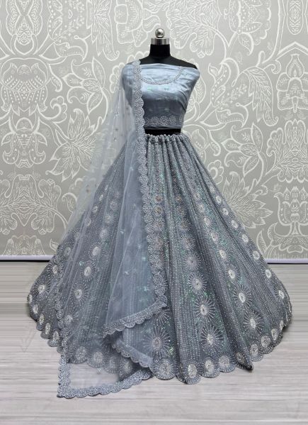 Light Steel Blue Net Sequins, Embroidery & Stone-Work Wedding-Wear Bridal Lehenga Choli