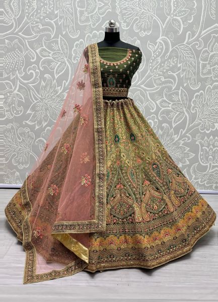 Light Green Net Dori With Sequins, Embroidery & Stone-Work Wedding-Wear Bridal Lehengas Choli