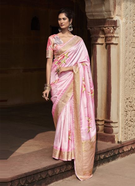 Light Pink Handloom Silk Floral Digitally Printed Festive-Wear Saree
