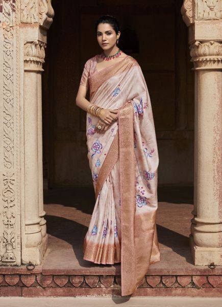Dusty Pink Handloom Silk Floral Digitally Printed Festive-Wear Saree