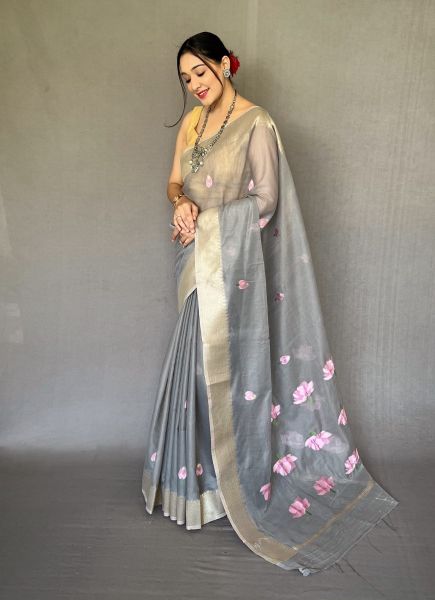 Gray Linen Floral Digitally Printed Saree For Kitty Parties