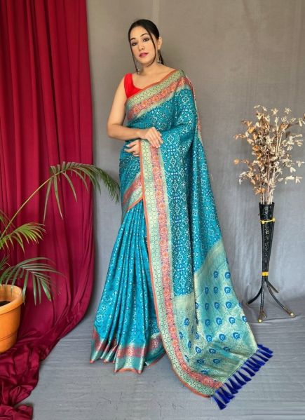 Sky Blue Patola Silk Bandhani Print Festive-Wear Handloom Saree