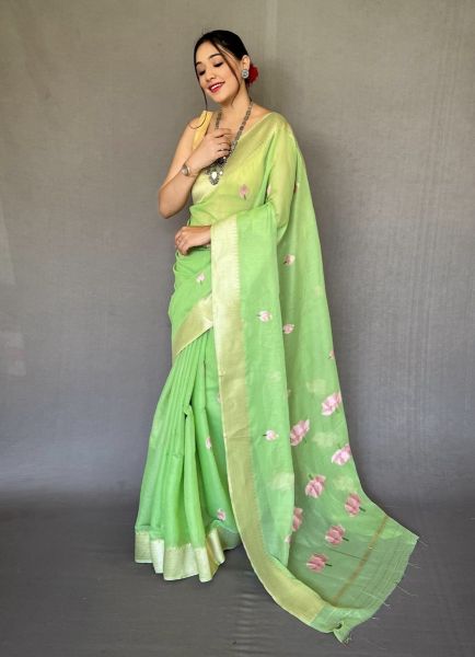 Light Green Linen Floral Digitally Printed Saree For Kitty Parties