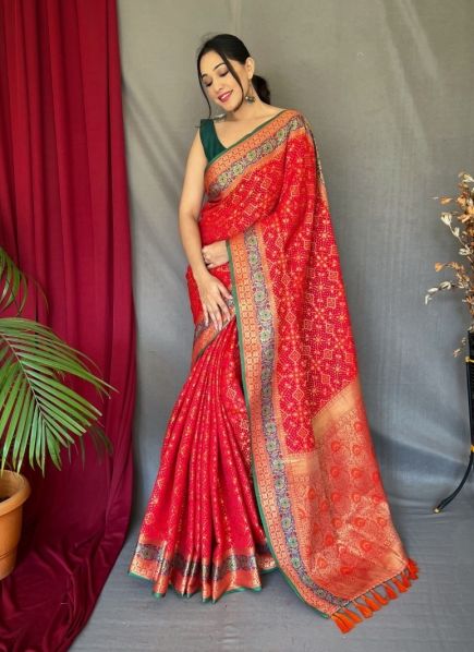 Red Patola Silk Bandhani Print Festive-Wear Handloom Saree
