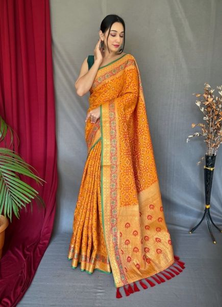 Orange Patola Silk Bandhani Print Festive-Wear Handloom Saree