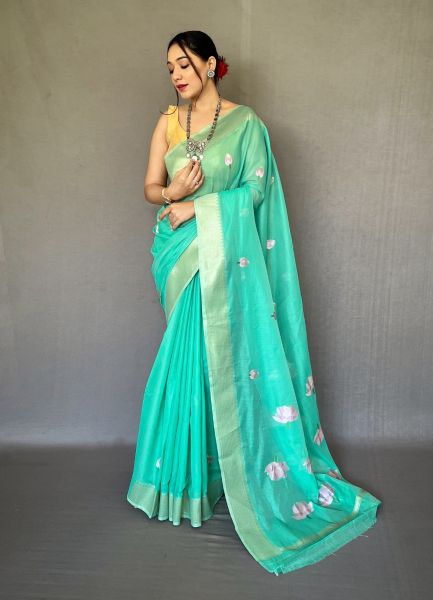 Aqua Linen Floral Digitally Printed Saree For Kitty Parties