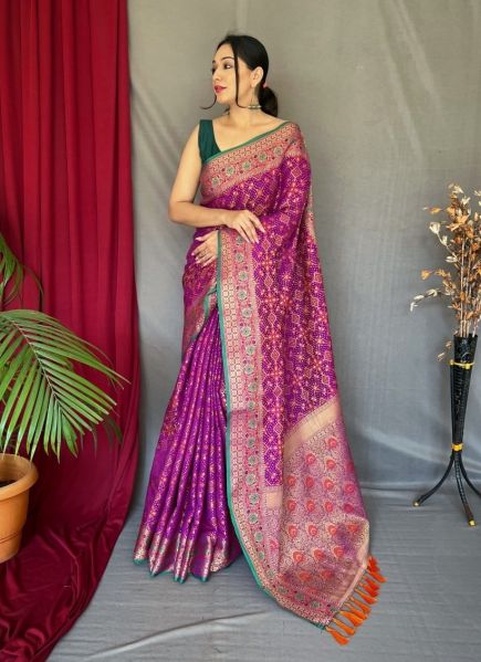Purple Patola Silk Bandhani Print Festive-Wear Handloom Saree