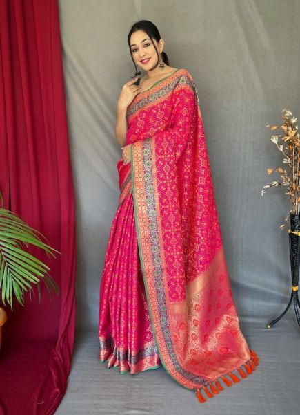 Dark Pink Patola Silk Bandhani Print Festive-Wear Handloom Saree