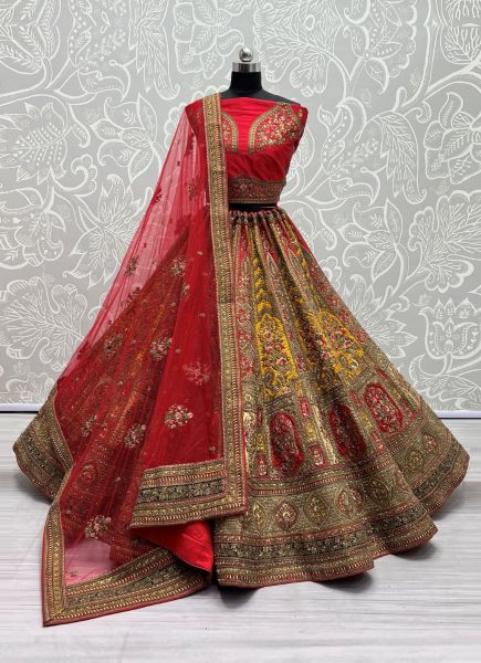 Yellow & Red Silk Sequins, Thread, Embroidery & Handwork Wedding-Wear Bridal Lehenga Choli