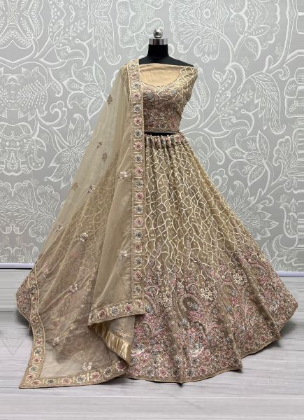 Light Brown Net With Thread, Embroidery & Sequins-Work Party-Wear Lehenga Choli
