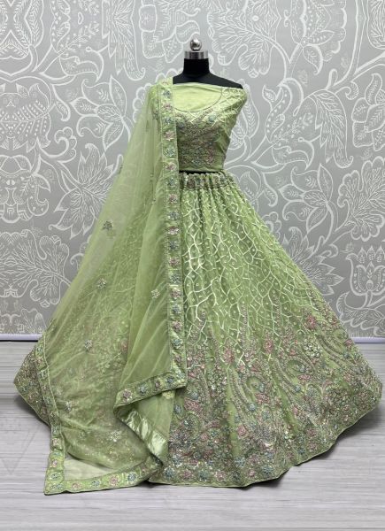 Light Green Net With Thread, Embroidery & Sequins-Work Party-Wear Lehenga Choli