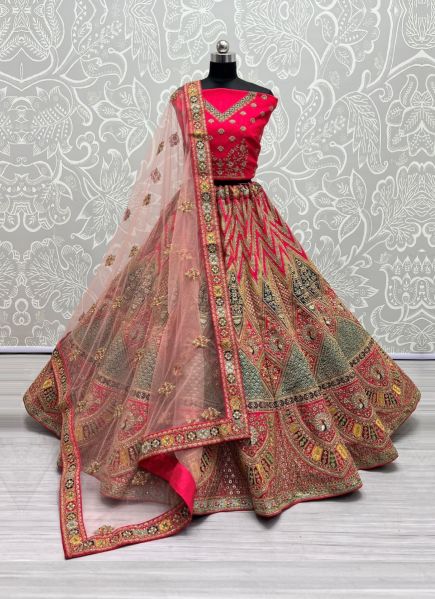 Pink Red Silk Sequins, Thread, Embroidery & Stone-Work Wedding-Wear Bridal Lehenga Choli