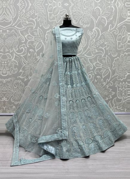 Light Blue Net With Embroidery & Sequins-Work Wedding-Wear Lehenga Choli