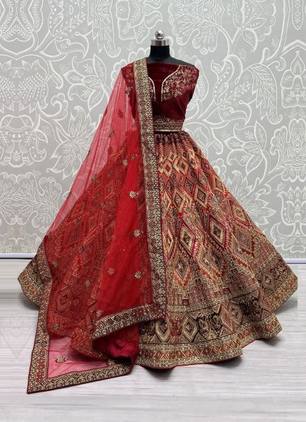 Red Silk Dori, Sequins & Handwork Wedding-Wear Bridal Lehenga Choli