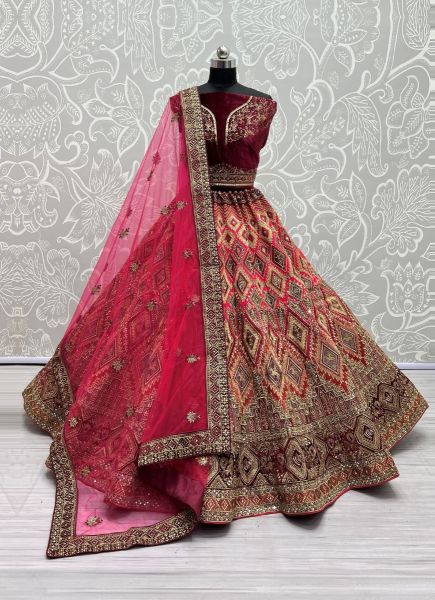 Pink Red Silk Dori, Sequins & Handwork Wedding-Wear Bridal Lehenga Choli