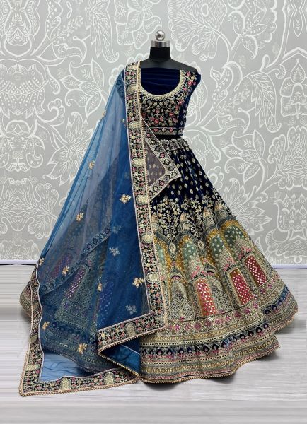 Blue Velvet Mirror, Thread-Embroidery, Sequins & Hand-Work Wedding-Wear Bridal Lehenga Choli