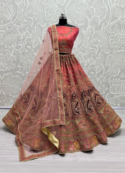 Light Red Net Thread, Embroidery, Sequins & Hand-Work Wedding-Wear Bridal Lehenga Choli
