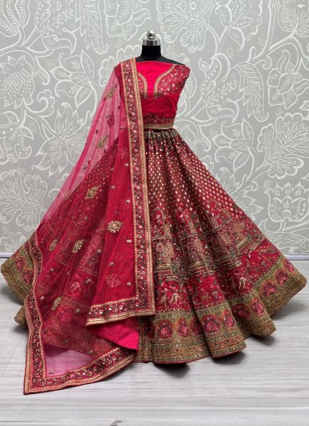 Pink Red Silk Sequins, Thread, Diamond & Hand-Work Wedding-Wear Bridal Lehenga Choli