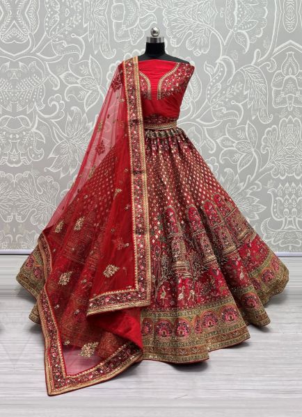 Red Silk Sequins, Thread, Diamond & Hand-Work Wedding-Wear Bridal Lehenga Choli