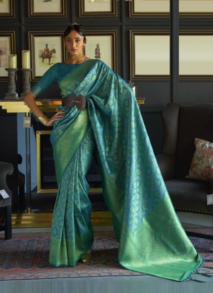 Teal Blue Silk With Handloom Weaving Festive-Wear Saree