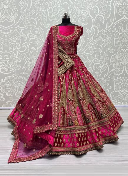Dark Pink Velvet Handwork Wedding-Wear Bridal Lehenga Choli