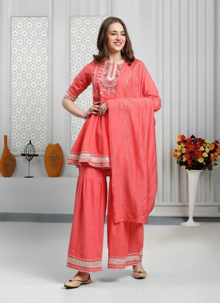 Coral Red Pure Cotton Printed Summer-Wear Readymade Trending Salwar Kameez