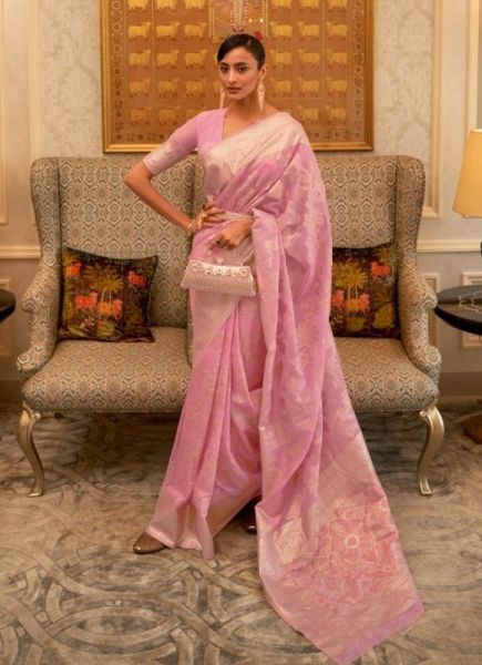 Pink Silk Handloom Weaving Festive-Wear Sequins-Work Saree