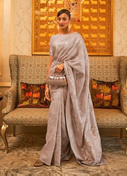 Light Gray Silk Handloom Weaving Festive-Wear Sequins-Work Saree