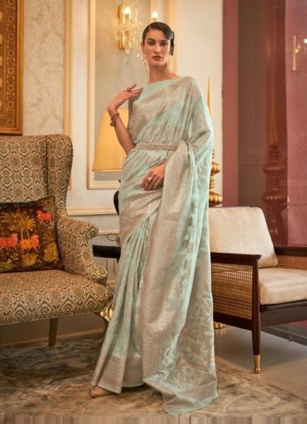 Light Aqua Silk Handloom Weaving Festive-Wear Sequins-Work Saree