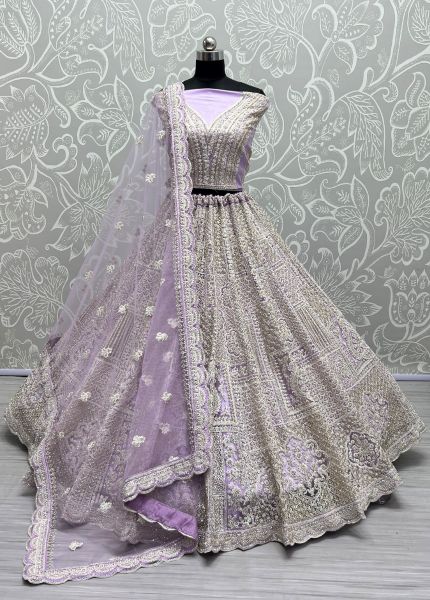 Light Lavender Net Stone-Work Wedding-Wear Lehenga Choli