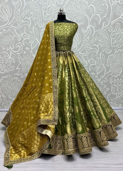Parrot Green Banarasi Silk Weaving Wedding-Wear Lehenga Choli