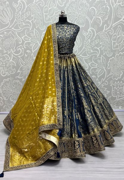 Blue Banarasi Silk Weaving Wedding-Wear Lehenga Choli