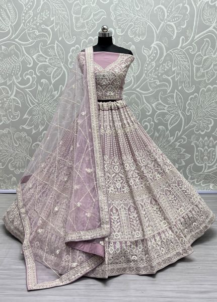 Lilac Net Stone & Thread-Work Wedding-Wear Lehenga Choli
