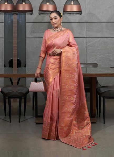 Pink Cotton Silk Saree With Copper & Silver Zari Weaving Border