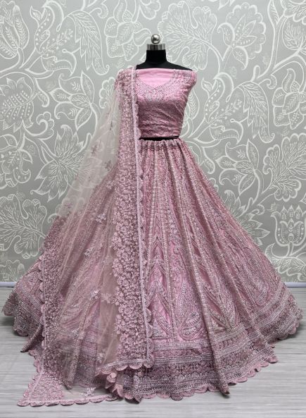 Dark Pink Net Thread-Work Wedding-Wear Lehenga Choli