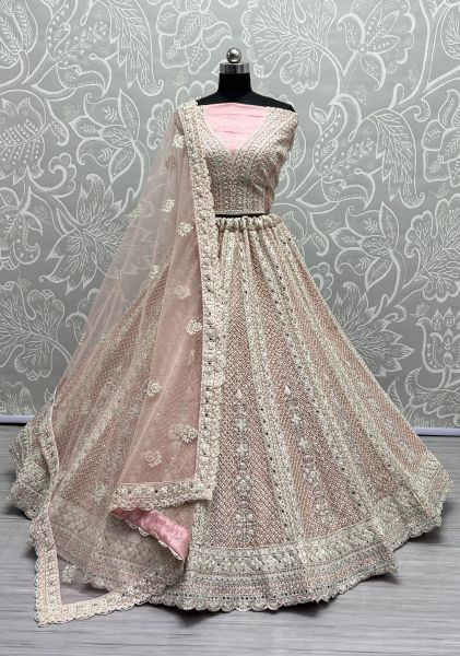 Light Pink Net Thread-Work Wedding-Wear Lehenga Choli
