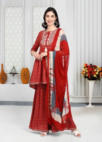 Red Pure Cotton Printed Summer-Wear Readymade Trending Salwar Kameez