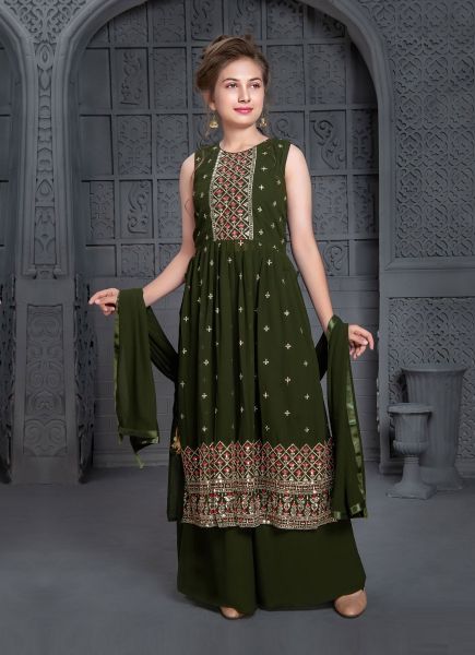 Olive Green Georgette With Thread, Sequins & Embroidered Party-Wear Kids Readymade Salwar Kameez