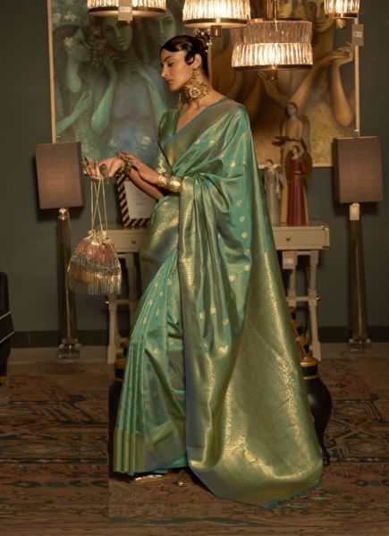 Mint Green Silk Party-Wear Saree with Zari Weaving