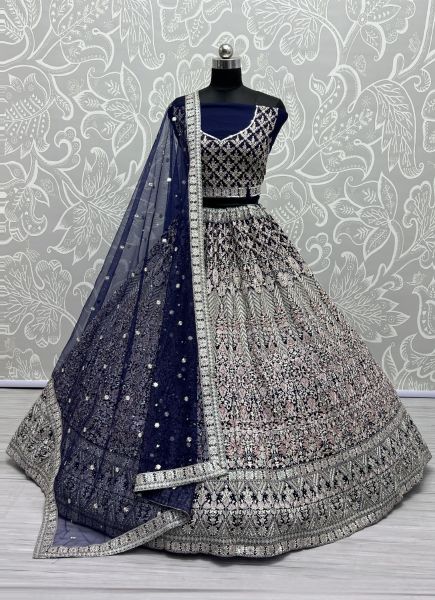 Dark Blue Net Thread-Work Wedding-Wear Lehenga Choli