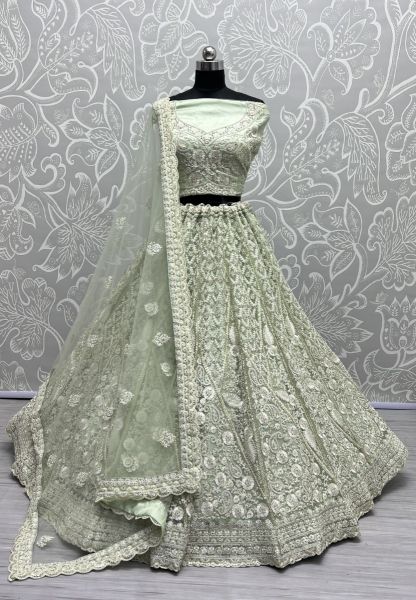 Pista Green Net Thread-Work Wedding-Wear Lehenga Choli