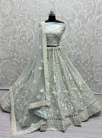 Light Blue Net Thread-Work Wedding-Wear Lehenga Choli