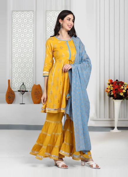 Mustard Yellow Rayon Printed Summer-Wear Readymade Trending Salwar Kameez