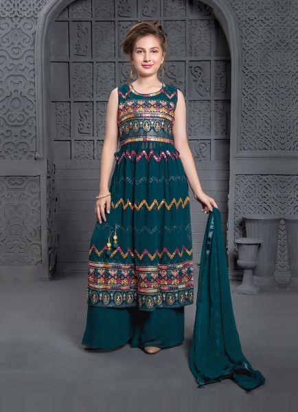 Teal Blue Georgette With Thread, Sequins & Embroidered Party-Wear Kids Readymade Salwar Kameez