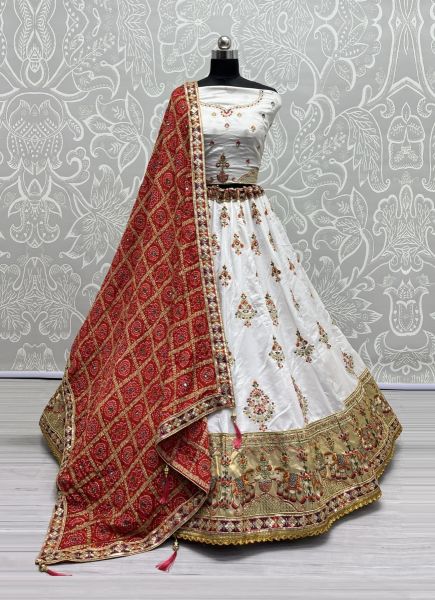 White Dolla Silk Embroidered Bandhani-Dupatta Lehenga Choli For Traditional / Religious Occasions