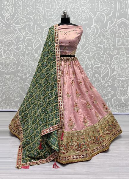Pink Dolla Silk Embroidered Bandhani-Dupatta Lehenga Choli For Traditional / Religious Occasions